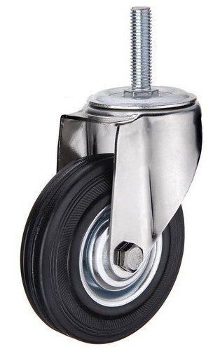 Industrial Caster Black Rubber Wheel Swivel Threaded Stem