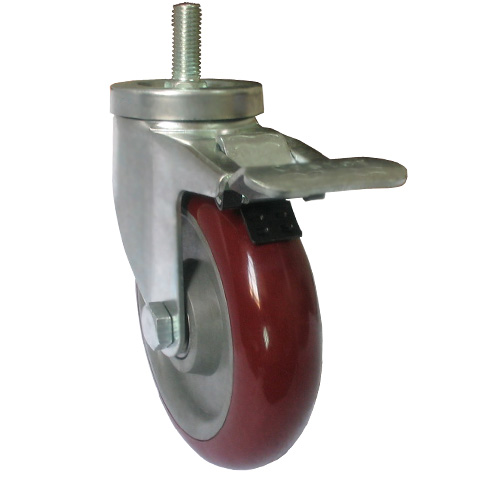 Red medium duty threaded stem caster with total brake